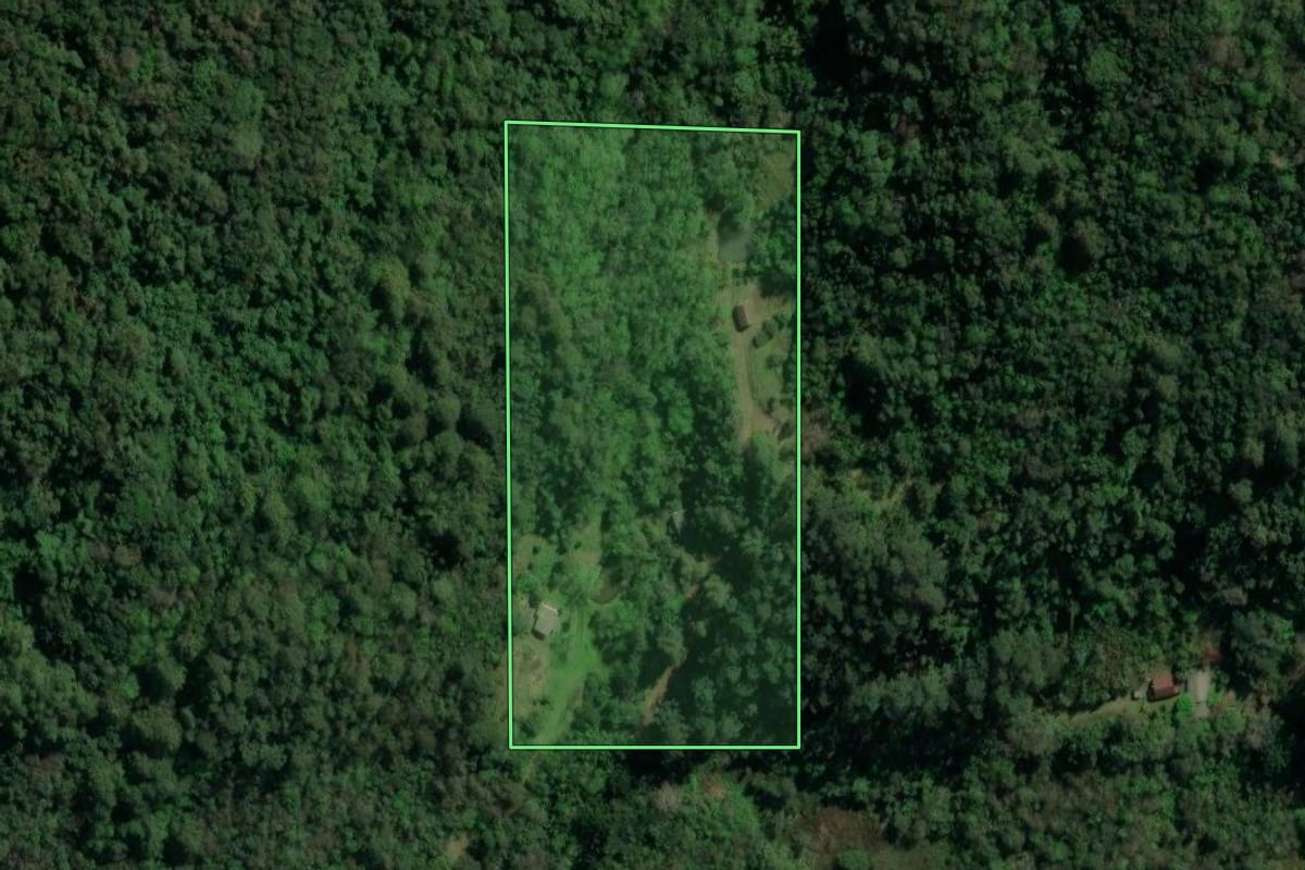 Imagem de satélite do imóvel rural em Três Coroas (RS), com o contorno declarado no CAR desenhado por cima.