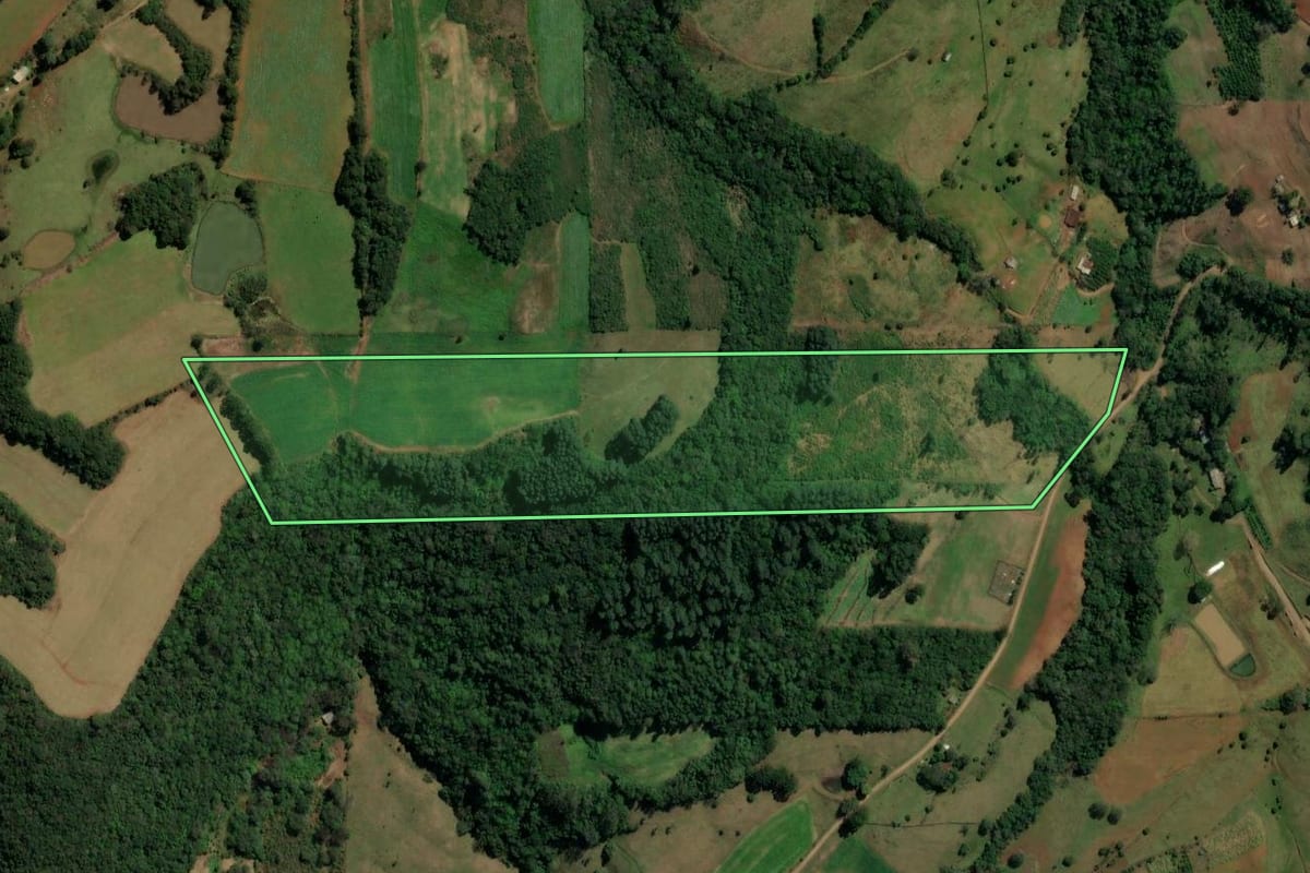 Imagem de satélite do imóvel rural em Três Coroas (RS), com o contorno declarado no CAR desenhado por cima.