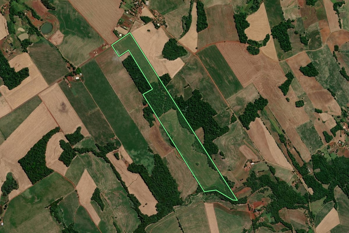 Imagem de satélite do imóvel rural em Três de Maio (RS), com o contorno declarado no CAR desenhado por cima.