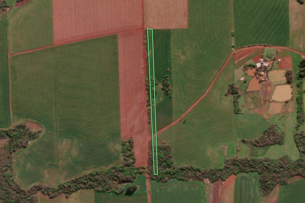 Imagem de satélite do imóvel rural em Três de Maio (RS), com o contorno declarado no CAR desenhado por cima.
