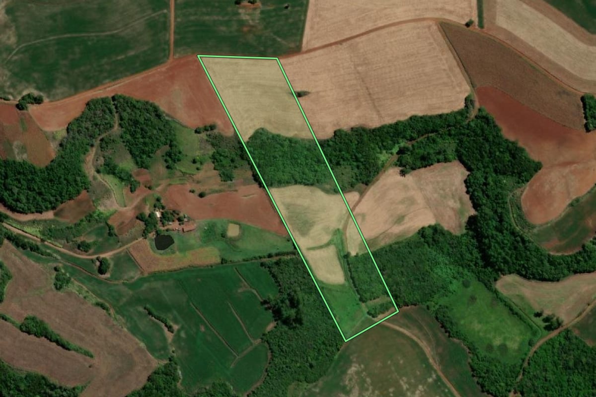 Imagem de satélite do imóvel rural em Três de Maio (RS), com o contorno declarado no CAR desenhado por cima.