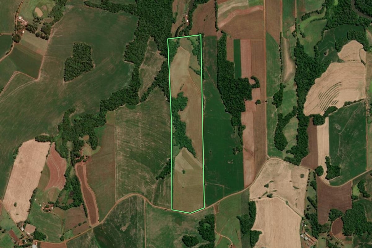 Imagem de satélite do imóvel rural em Três de Maio (RS), com o contorno declarado no CAR desenhado por cima.