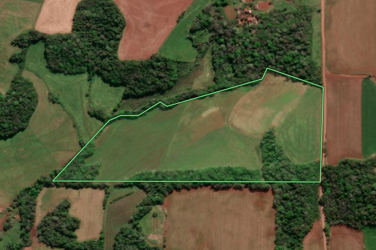 Imagem de satélite do imóvel rural em Três de Maio (RS), com o contorno declarado no CAR desenhado por cima.