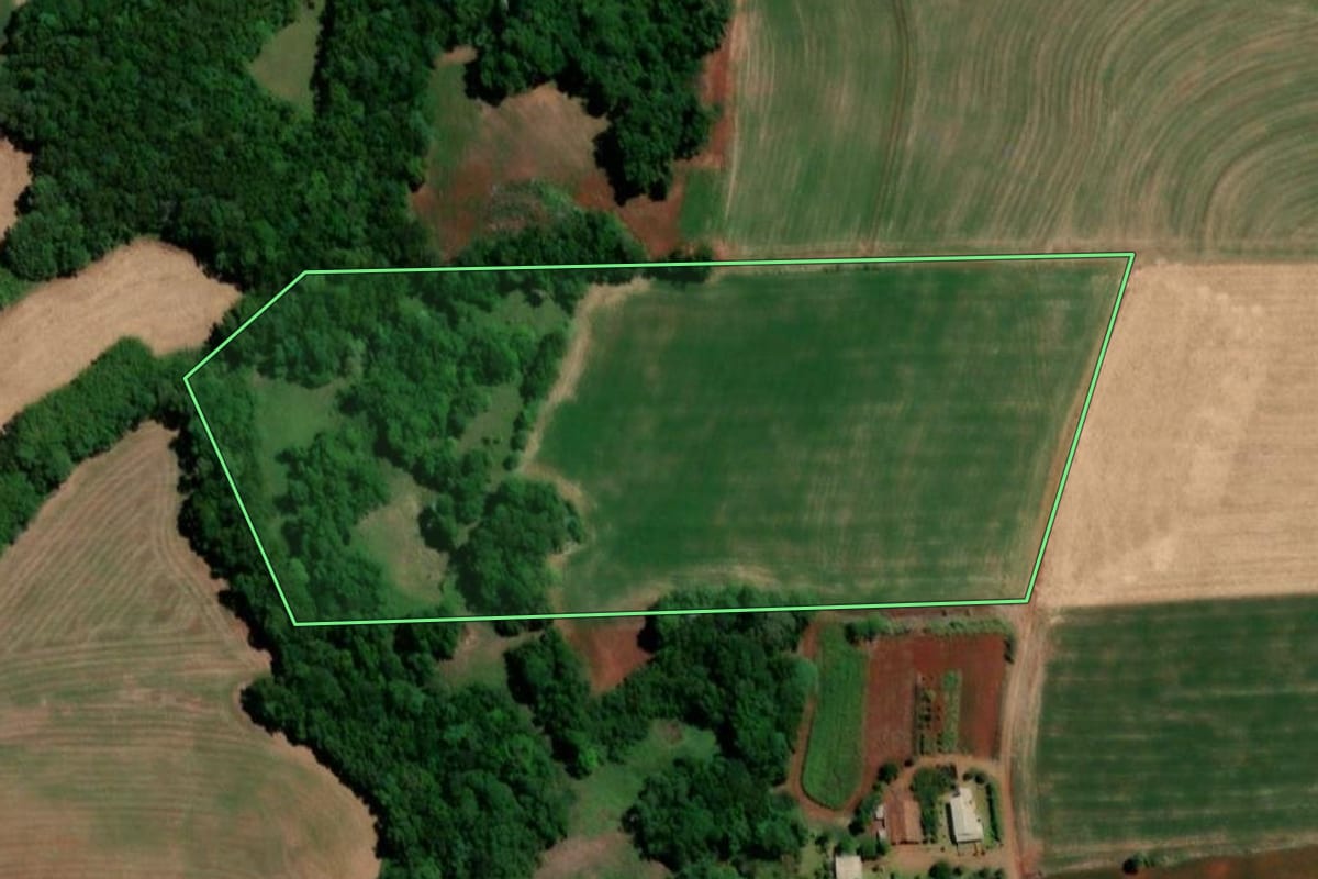 Imagem de satélite do imóvel rural em Três de Maio (RS), com o contorno declarado no CAR desenhado por cima.