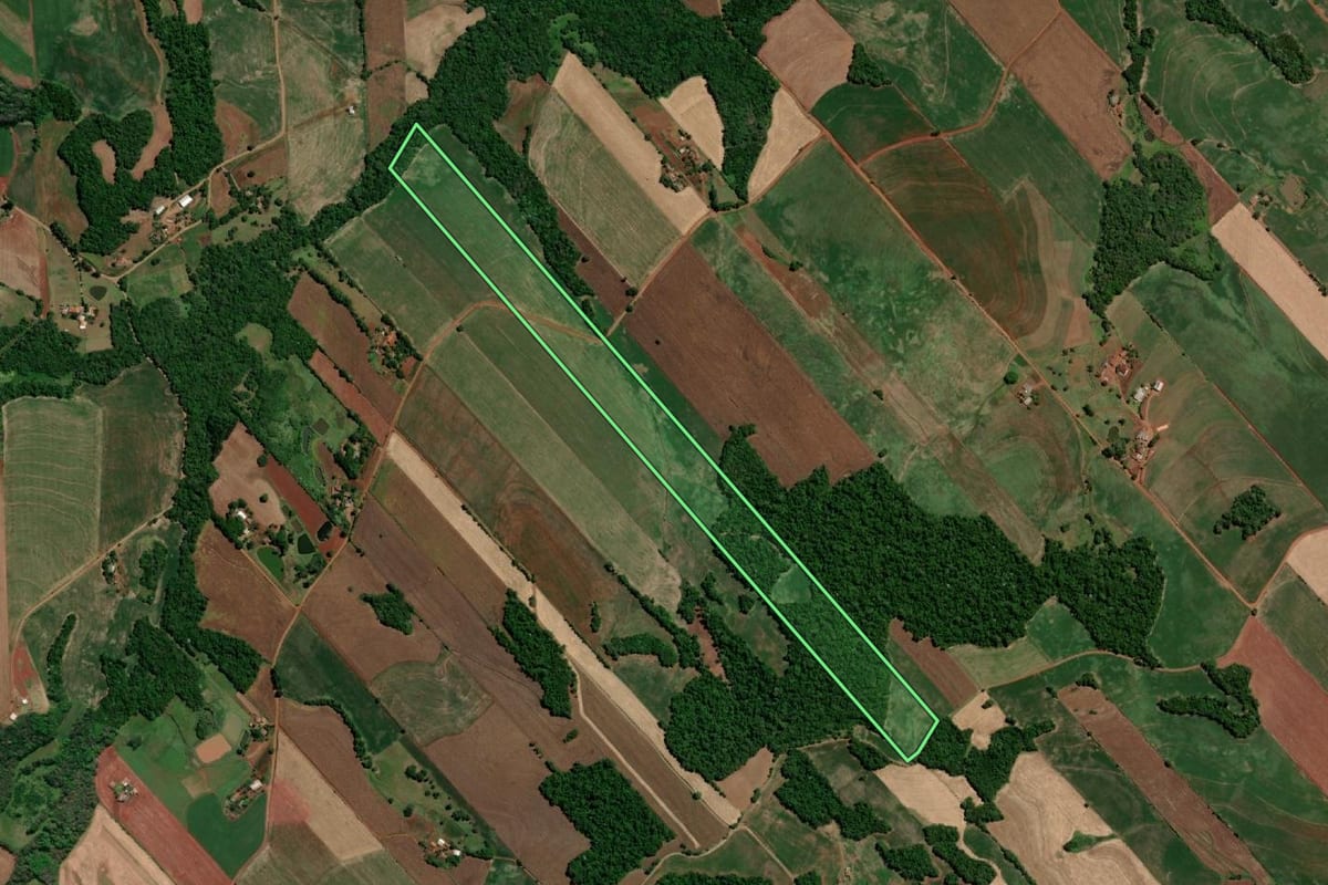 Imagem de satélite do imóvel rural em Três de Maio (RS), com o contorno declarado no CAR desenhado por cima.