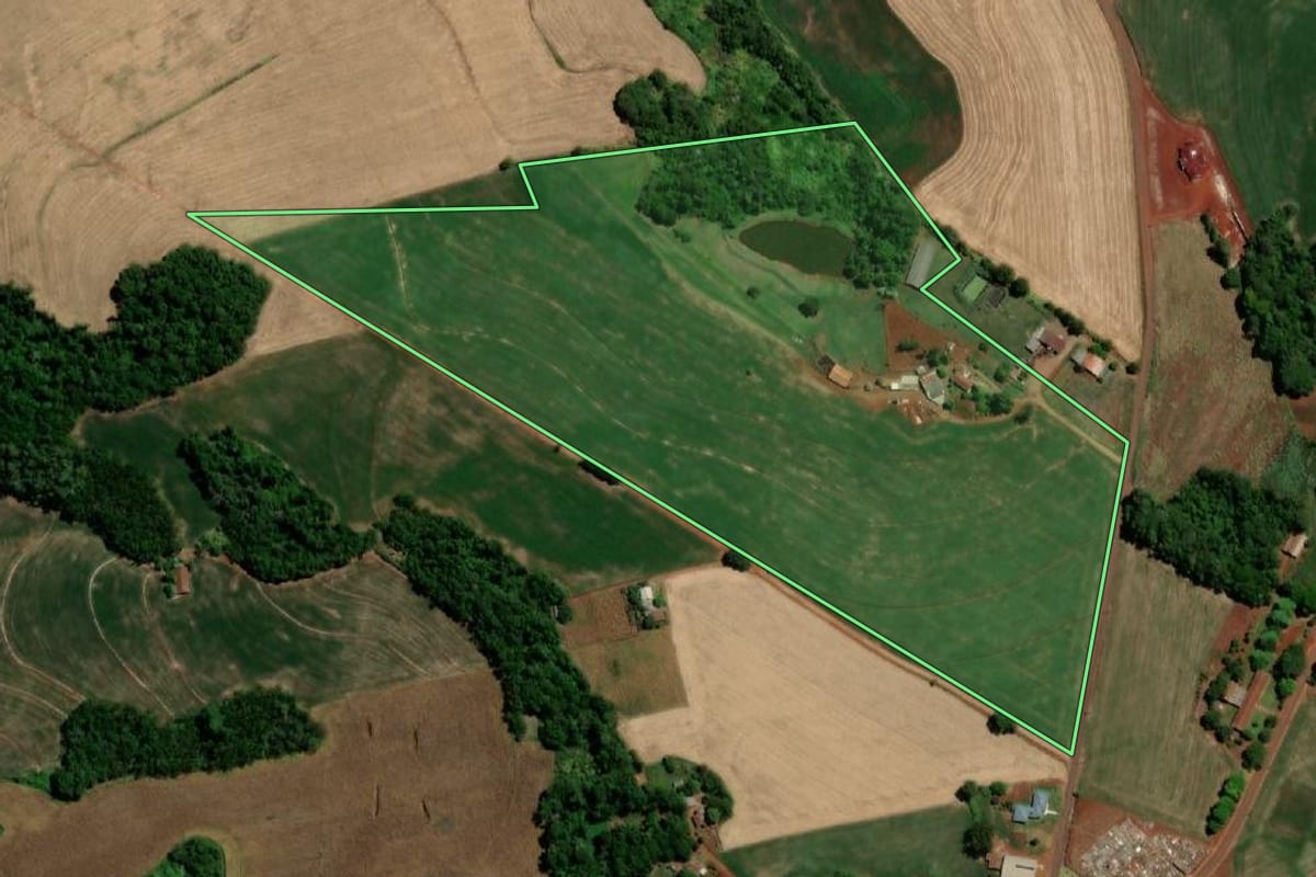 Imagem de satélite do imóvel rural em Três de Maio (RS), com o contorno declarado no CAR desenhado por cima.