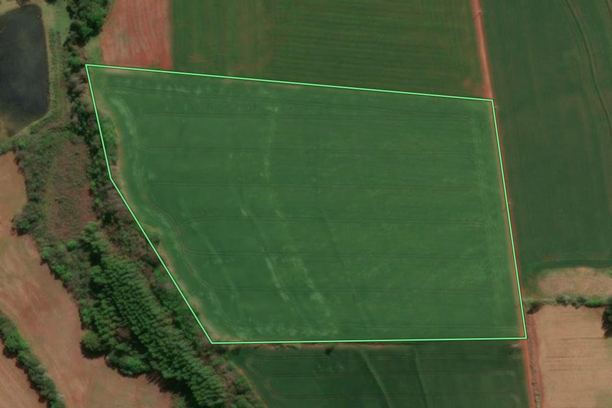 Imagem de satélite do imóvel rural em Três de Maio (RS), com o contorno declarado no CAR desenhado por cima.