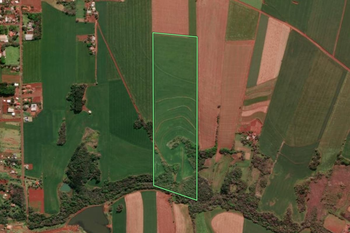 Imagem de satélite do imóvel rural em Três de Maio (RS), com o contorno declarado no CAR desenhado por cima.