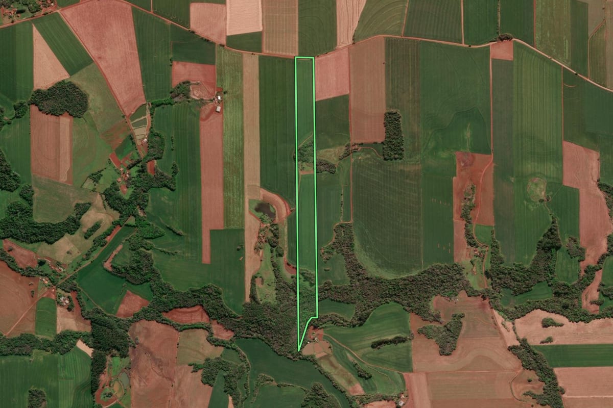 Imagem de satélite do imóvel rural em Três de Maio (RS), com o contorno declarado no CAR desenhado por cima.