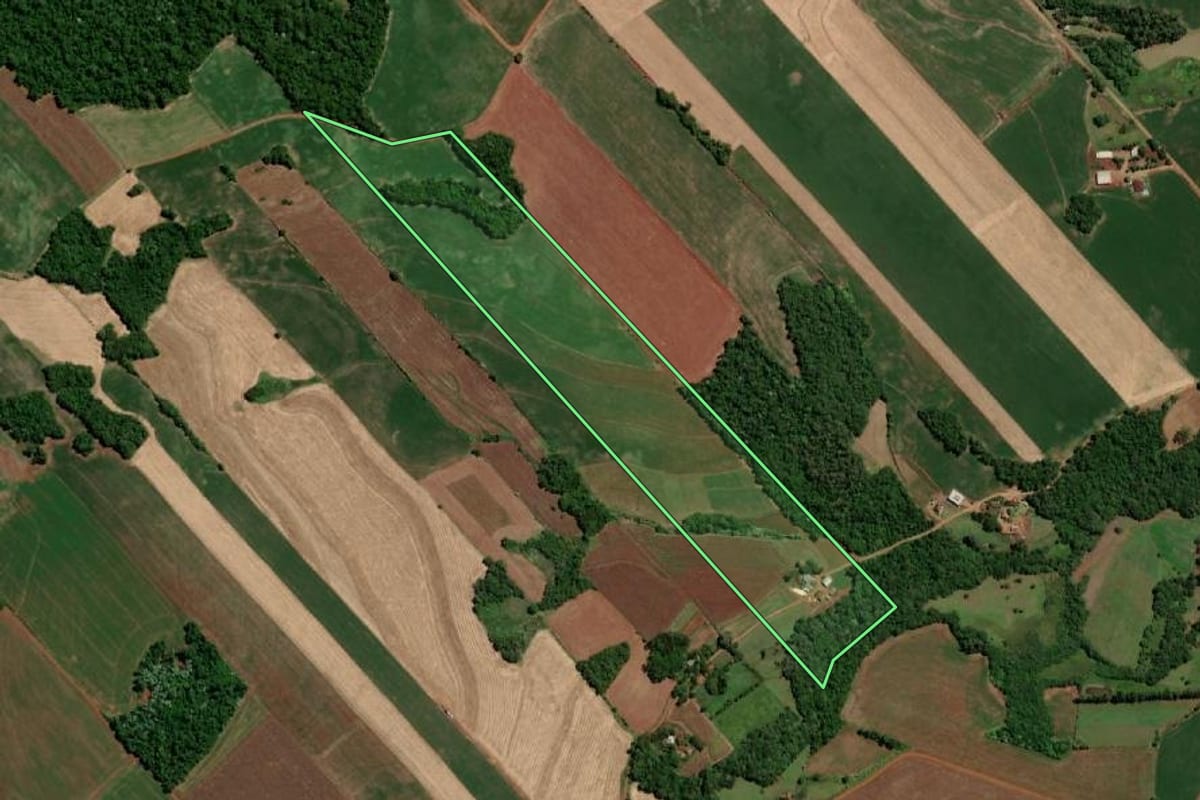 Imagem de satélite do imóvel rural em Três de Maio (RS), com o contorno declarado no CAR desenhado por cima.