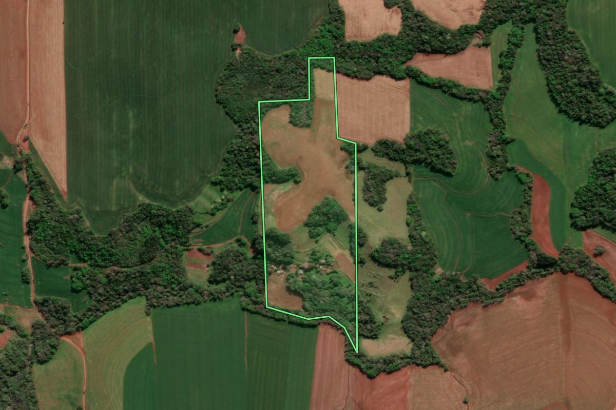 Imagem de satélite do imóvel rural em Três de Maio (RS), com o contorno declarado no CAR desenhado por cima.