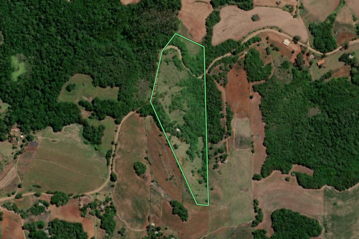 Imagem de satélite do imóvel rural em Três de Maio (RS), com o contorno declarado no CAR desenhado por cima.