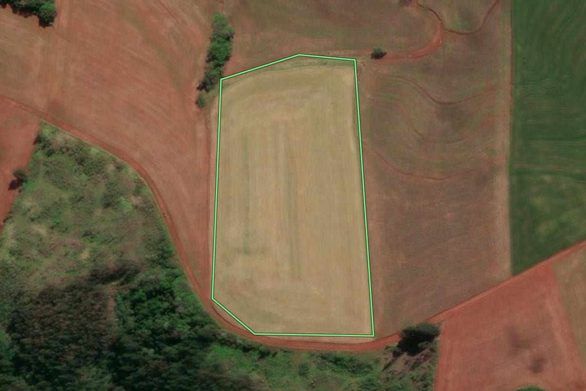 Imagem de satélite do imóvel rural em Três de Maio (RS), com o contorno declarado no CAR desenhado por cima.