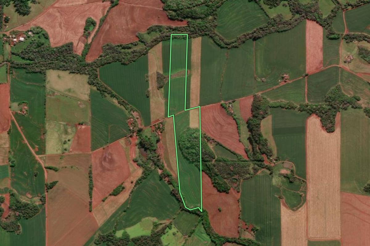 Imagem de satélite do imóvel rural em Três de Maio (RS), com o contorno declarado no CAR desenhado por cima.