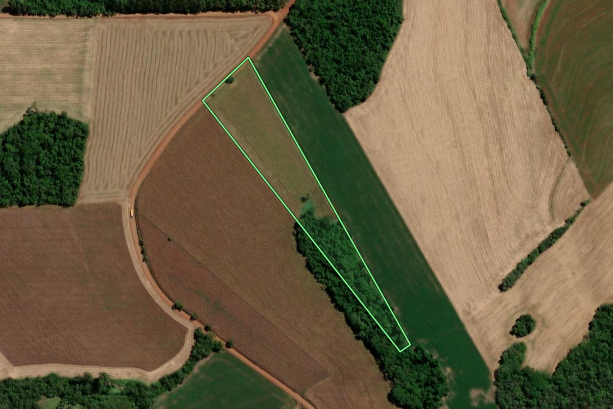Imagem de satélite do imóvel rural em Três de Maio (RS), com o contorno declarado no CAR desenhado por cima.