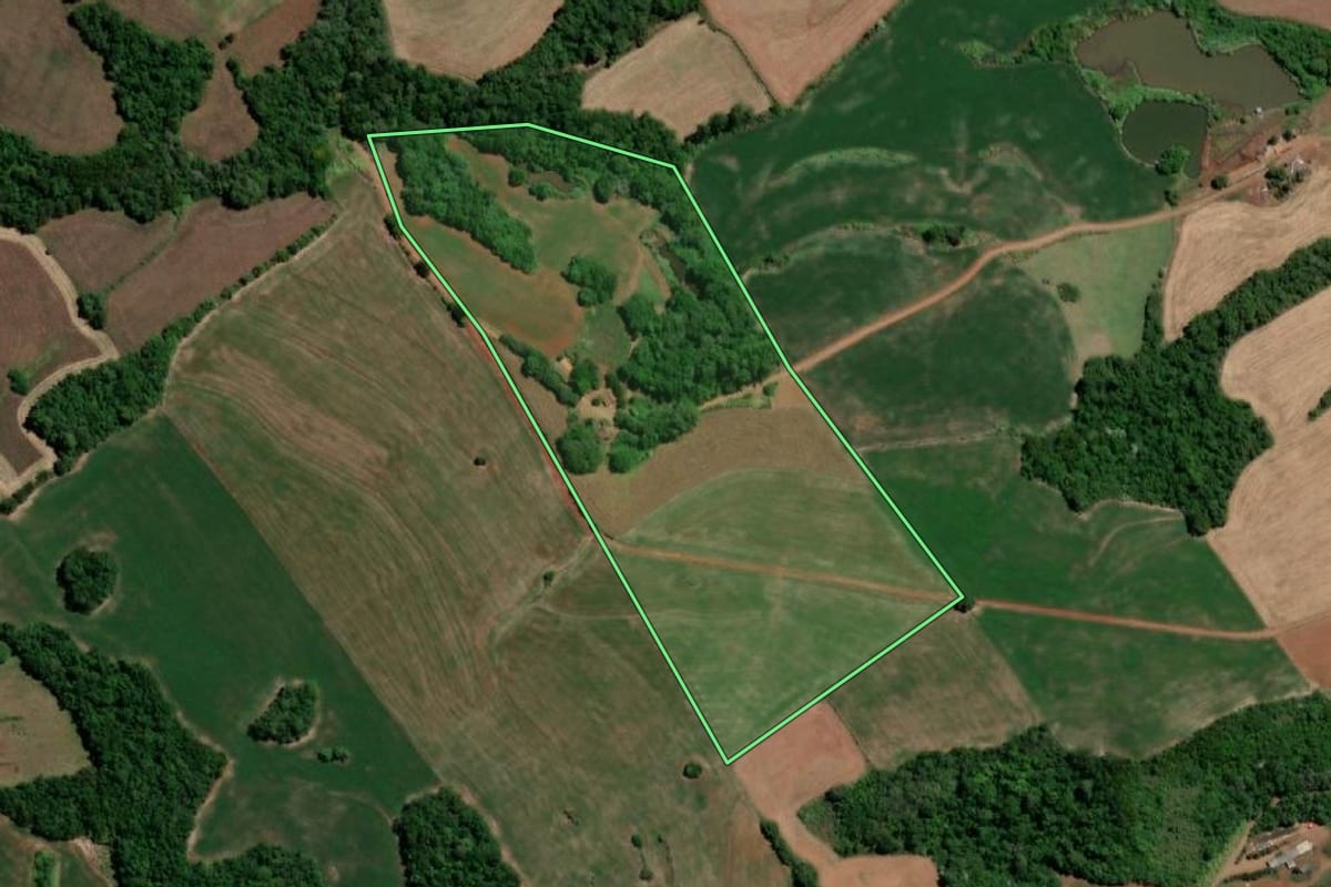 Imagem de satélite do imóvel rural em Três de Maio (RS), com o contorno declarado no CAR desenhado por cima.
