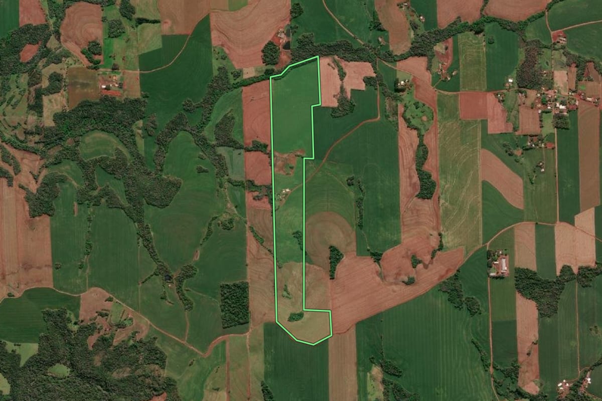 Imagem de satélite do imóvel rural em Três de Maio (RS), com o contorno declarado no CAR desenhado por cima.
