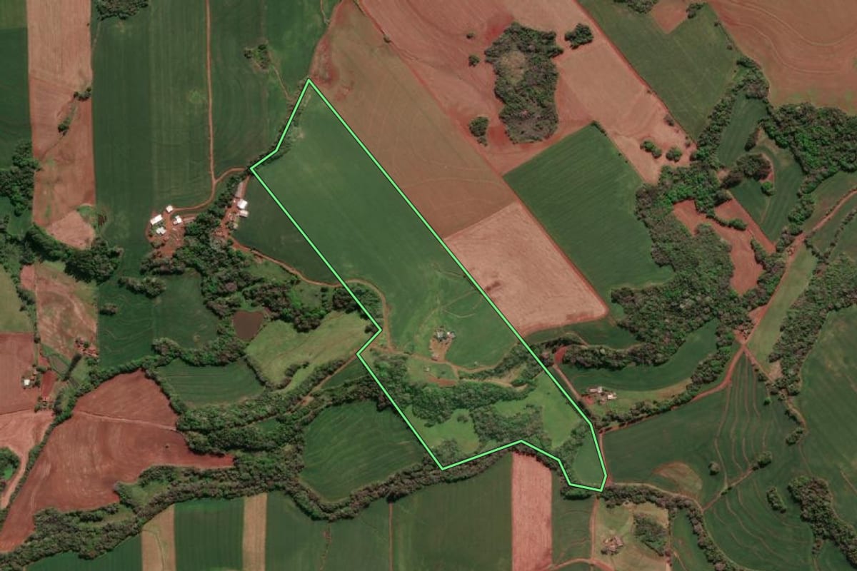 Imagem de satélite do imóvel rural em Três de Maio (RS), com o contorno declarado no CAR desenhado por cima.