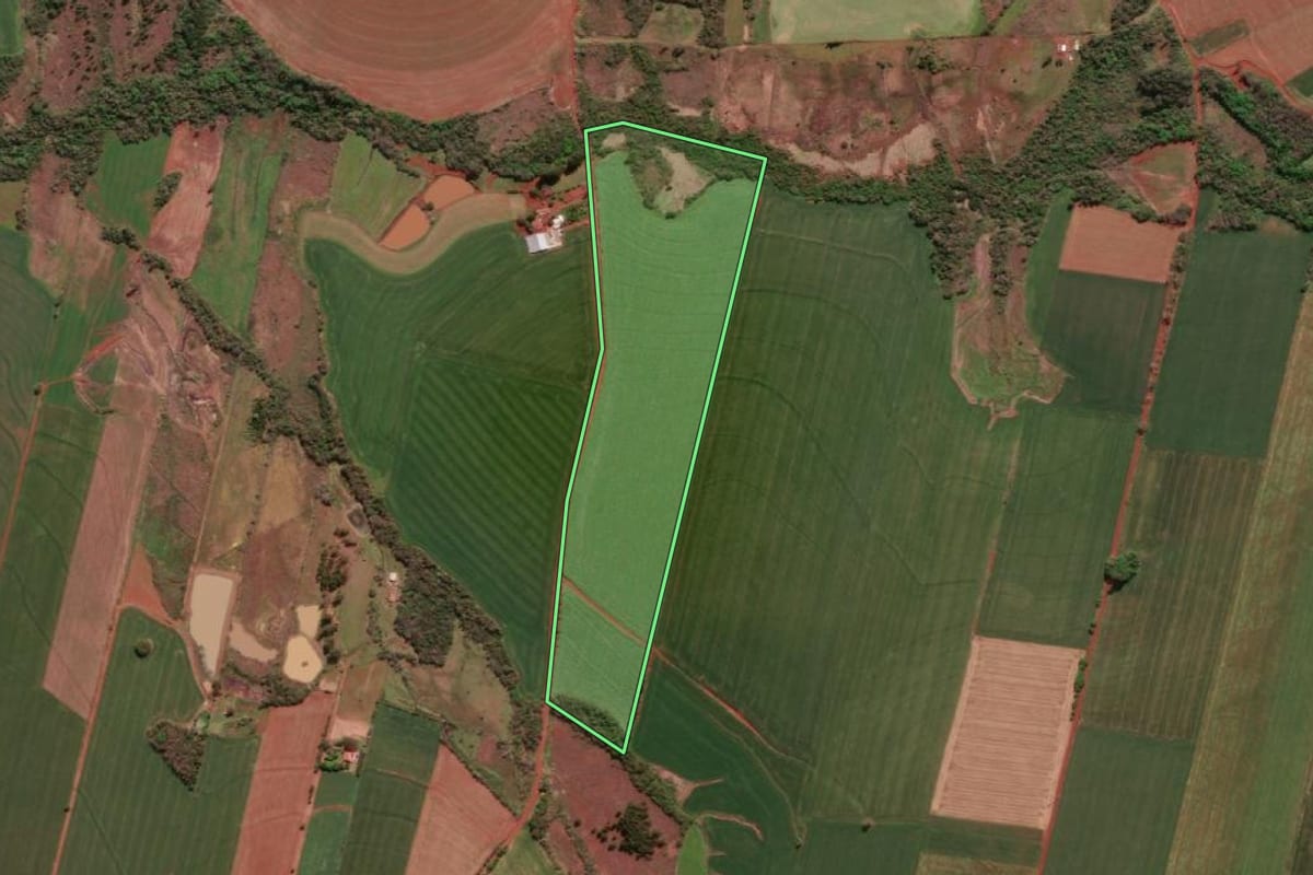 Imagem de satélite do imóvel rural em Três de Maio (RS), com o contorno declarado no CAR desenhado por cima.