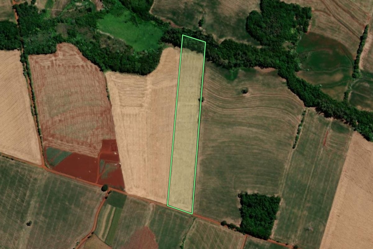 Imagem de satélite do imóvel rural em Três de Maio (RS), com o contorno declarado no CAR desenhado por cima.