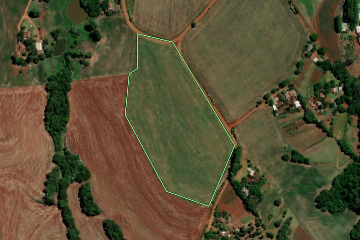 Imagem de satélite do imóvel rural em Três de Maio (RS), com o contorno declarado no CAR desenhado por cima.