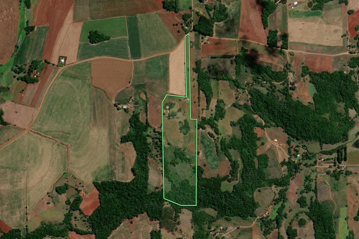 Imagem de satélite do imóvel rural em Três de Maio (RS), com o contorno declarado no CAR desenhado por cima.