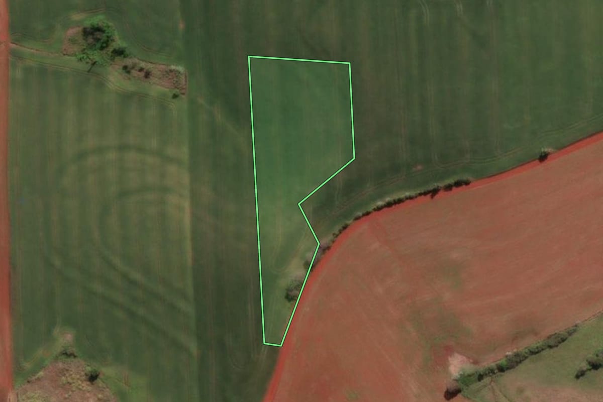 Imagem de satélite do imóvel rural em Três de Maio (RS), com o contorno declarado no CAR desenhado por cima.