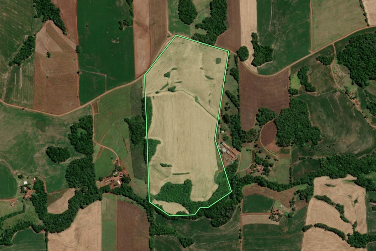 Imagem de satélite do imóvel rural em Três de Maio (RS), com o contorno declarado no CAR desenhado por cima.