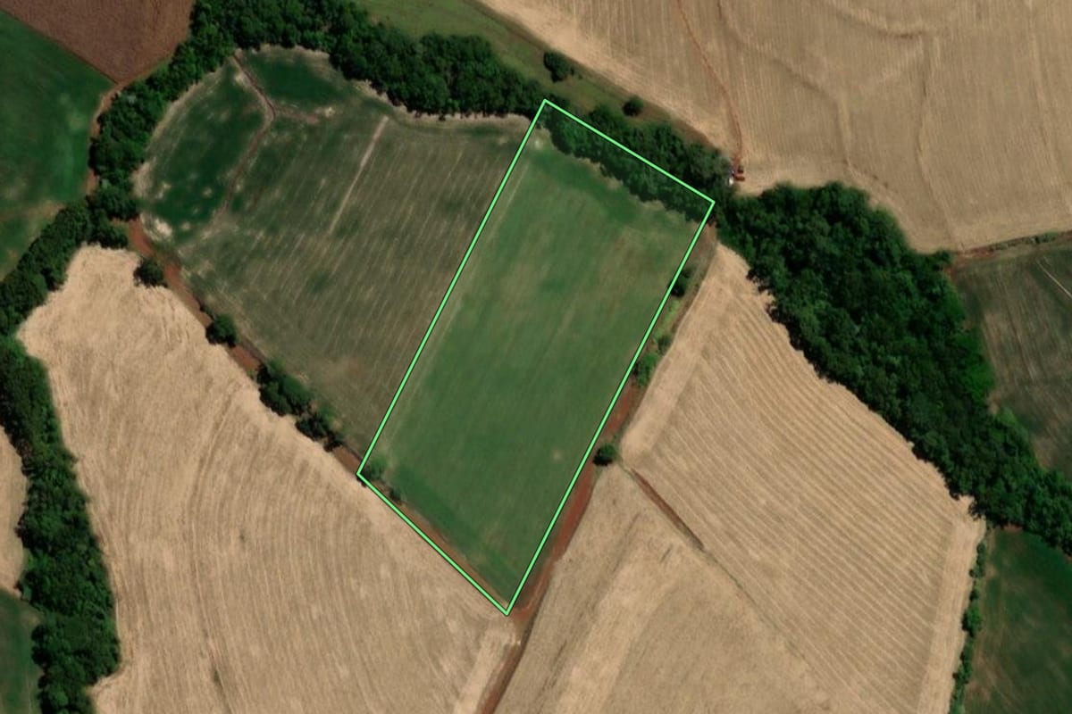 Imagem de satélite do imóvel rural em Três de Maio (RS), com o contorno declarado no CAR desenhado por cima.