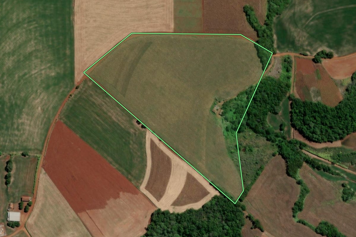 Imagem de satélite do imóvel rural em Três de Maio (RS), com o contorno declarado no CAR desenhado por cima.
