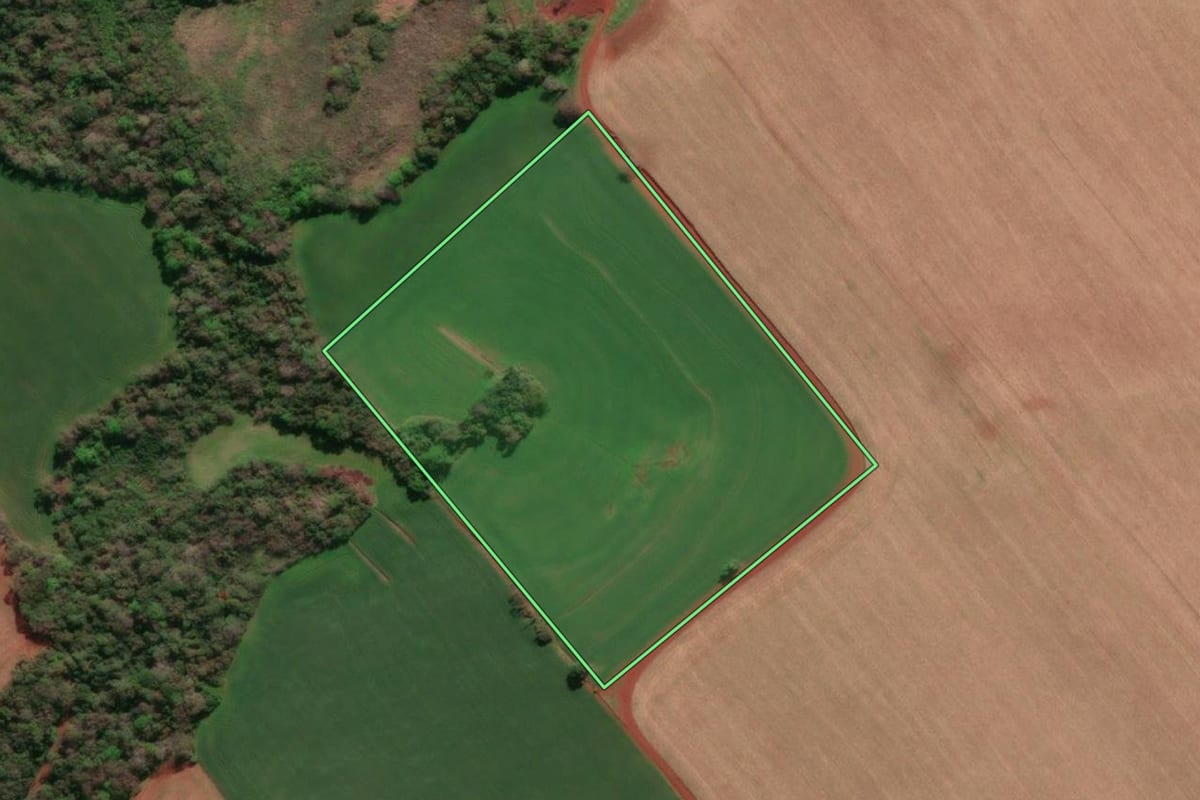 Imagem de satélite do imóvel rural em Três de Maio (RS), com o contorno declarado no CAR desenhado por cima.