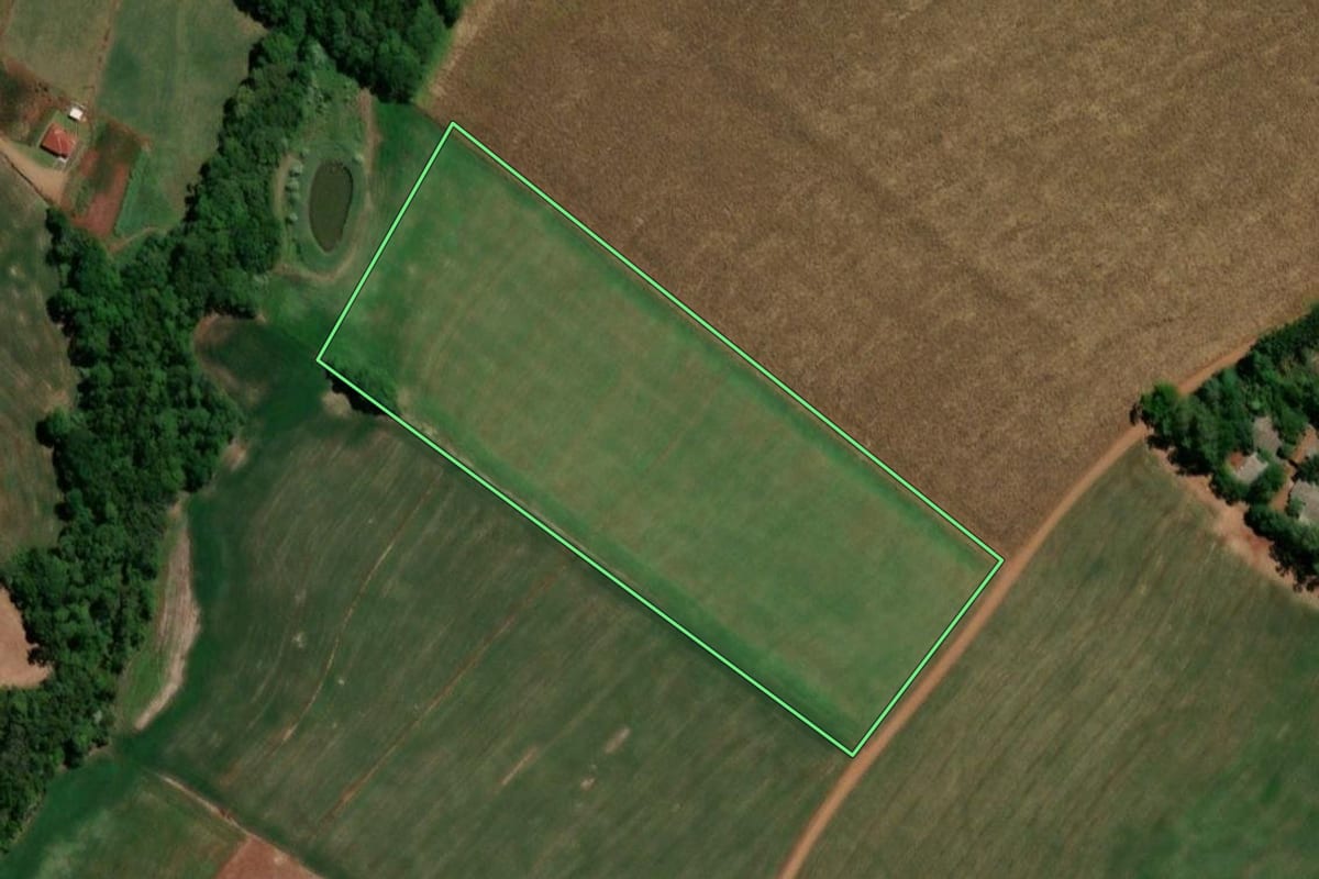 Imagem de satélite do imóvel rural em Três de Maio (RS), com o contorno declarado no CAR desenhado por cima.