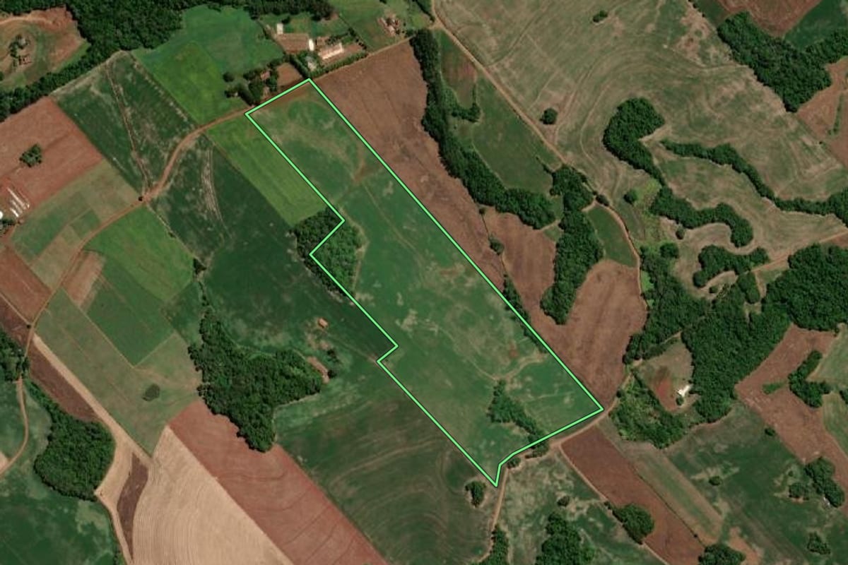 Imagem de satélite do imóvel rural em Três de Maio (RS), com o contorno declarado no CAR desenhado por cima.