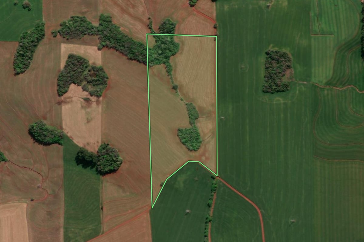 Imagem de satélite do imóvel rural em Três de Maio (RS), com o contorno declarado no CAR desenhado por cima.
