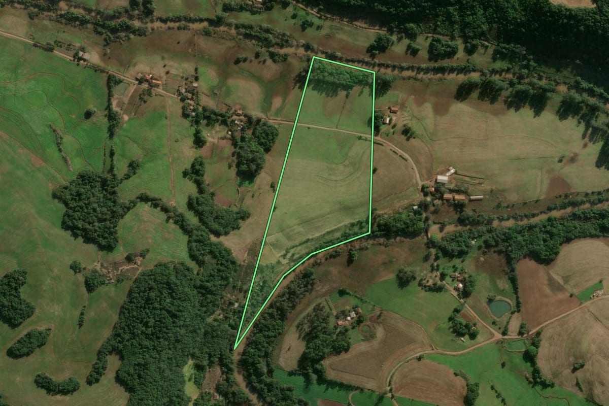 Imagem de satélite do imóvel rural em Três de Maio (RS), com o contorno declarado no CAR desenhado por cima.
