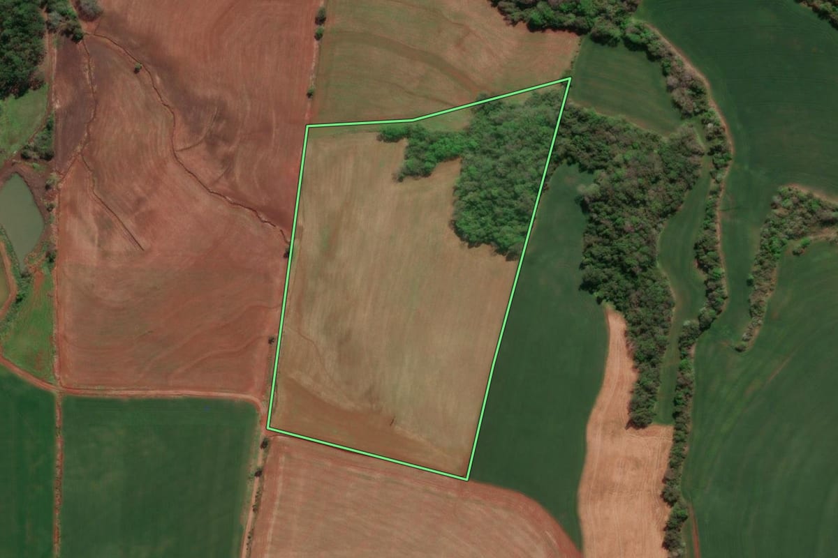 Imagem de satélite do imóvel rural em Três de Maio (RS), com o contorno declarado no CAR desenhado por cima.