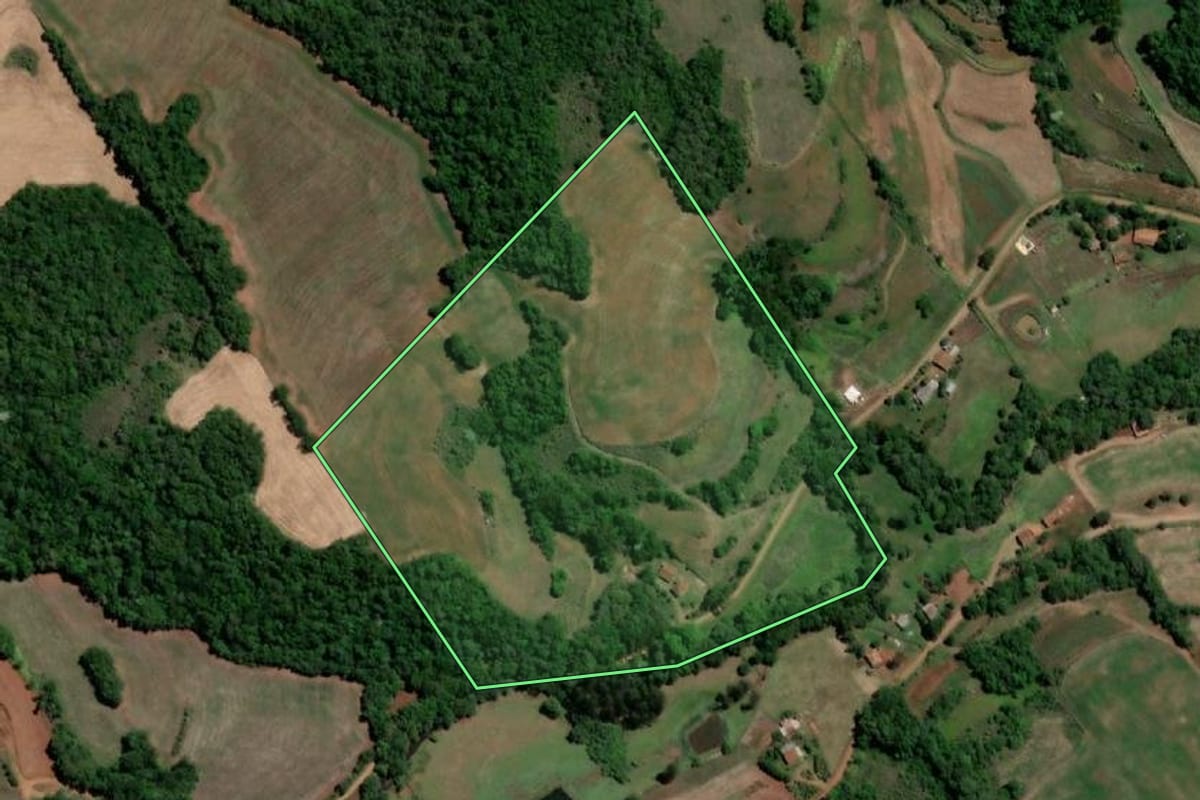 Imagem de satélite do imóvel rural em Três de Maio (RS), com o contorno declarado no CAR desenhado por cima.