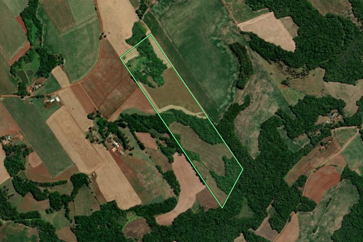 Imagem de satélite do imóvel rural em Três de Maio (RS), com o contorno declarado no CAR desenhado por cima.