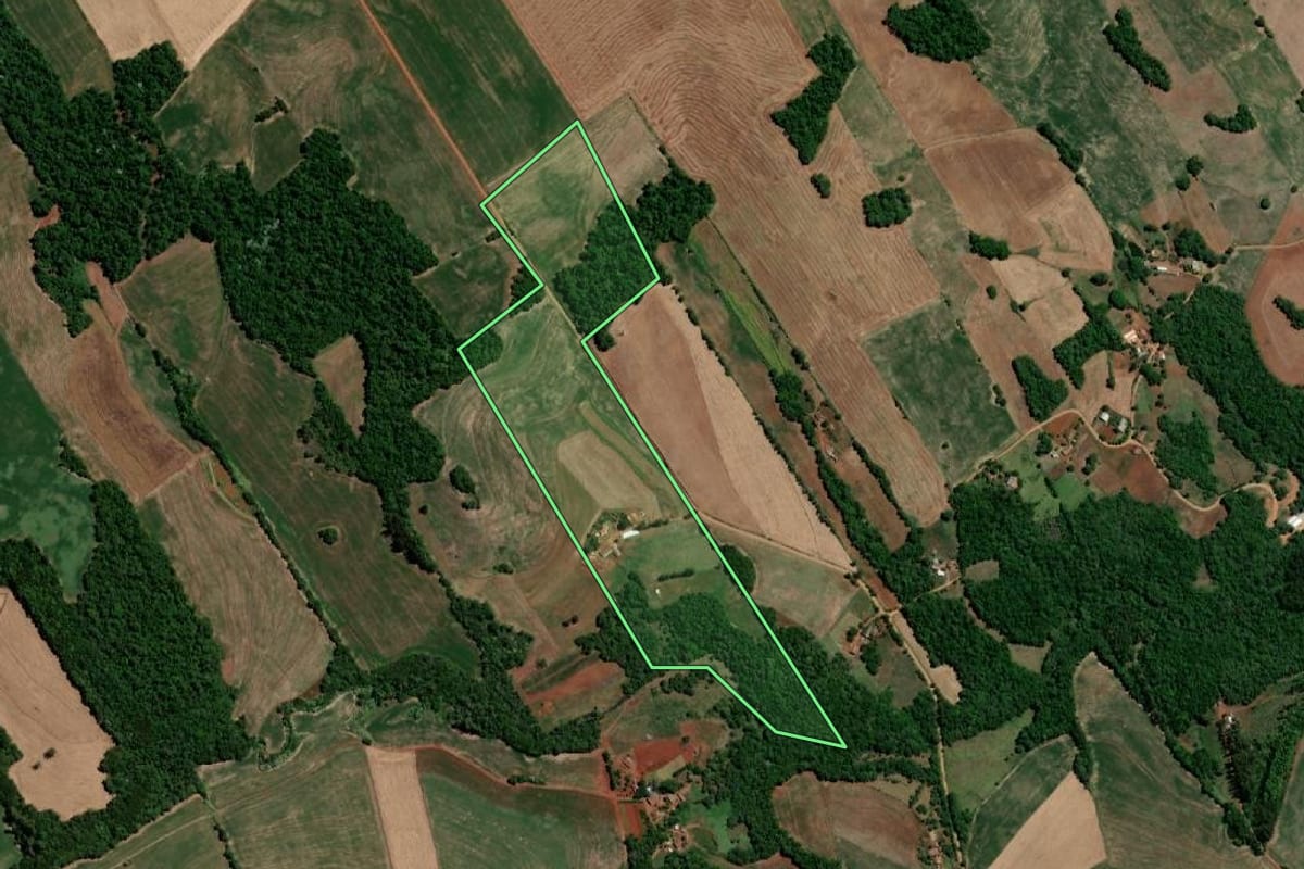 Imagem de satélite do imóvel rural em Três de Maio (RS), com o contorno declarado no CAR desenhado por cima.