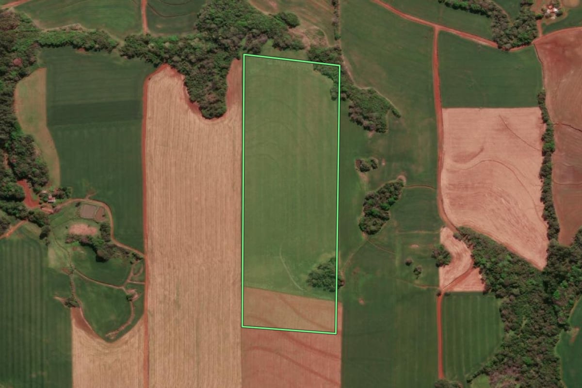 Imagem de satélite do imóvel rural em Três de Maio (RS), com o contorno declarado no CAR desenhado por cima.