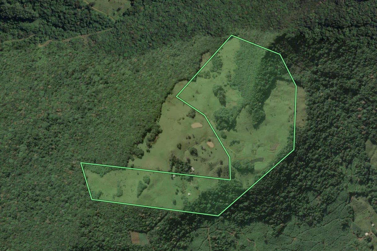 Imagem de satélite do imóvel rural em Três Forquilhas (RS), com o contorno declarado no CAR desenhado por cima.