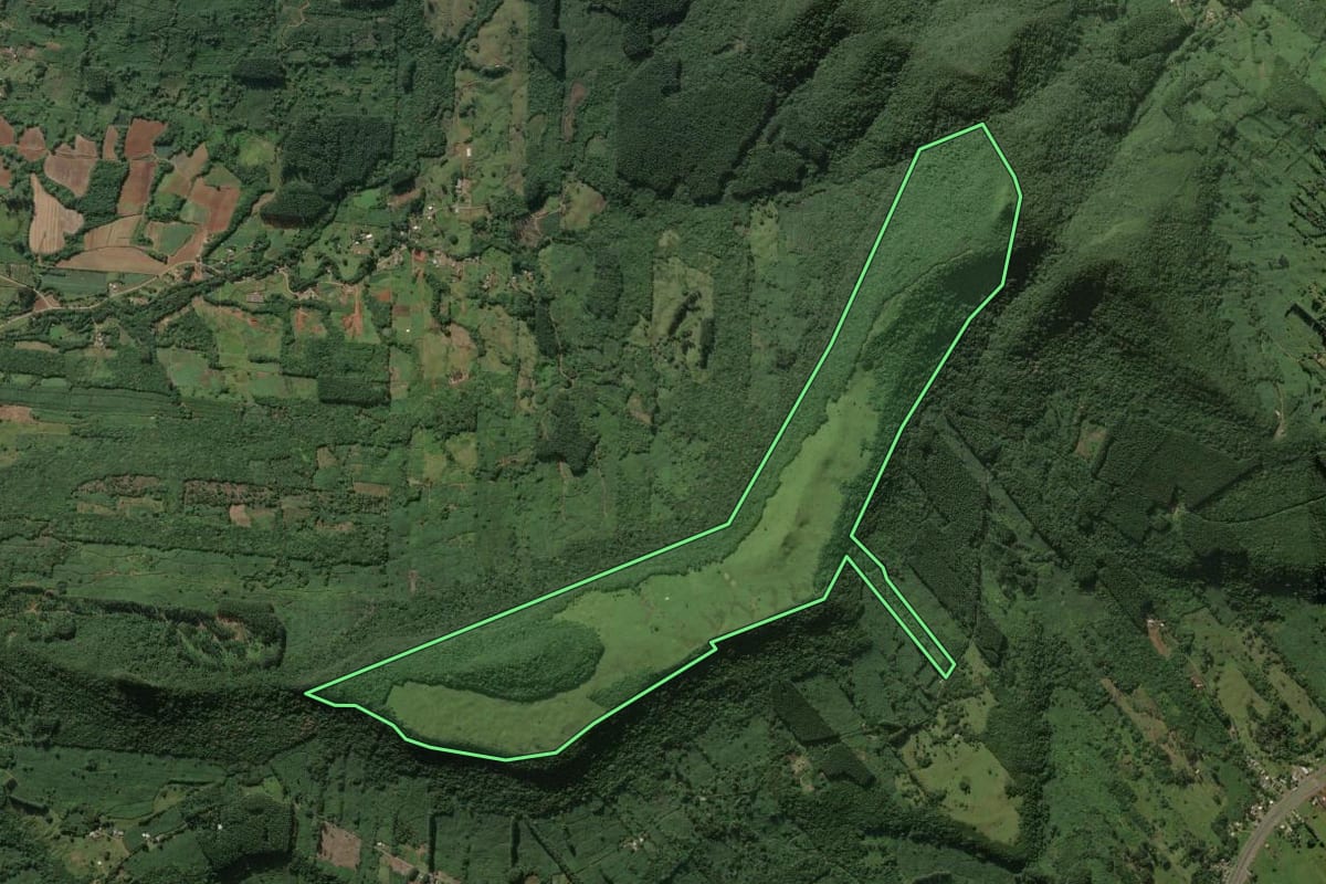 Imagem de satélite do imóvel rural em Três Forquilhas (RS), com o contorno declarado no CAR desenhado por cima.