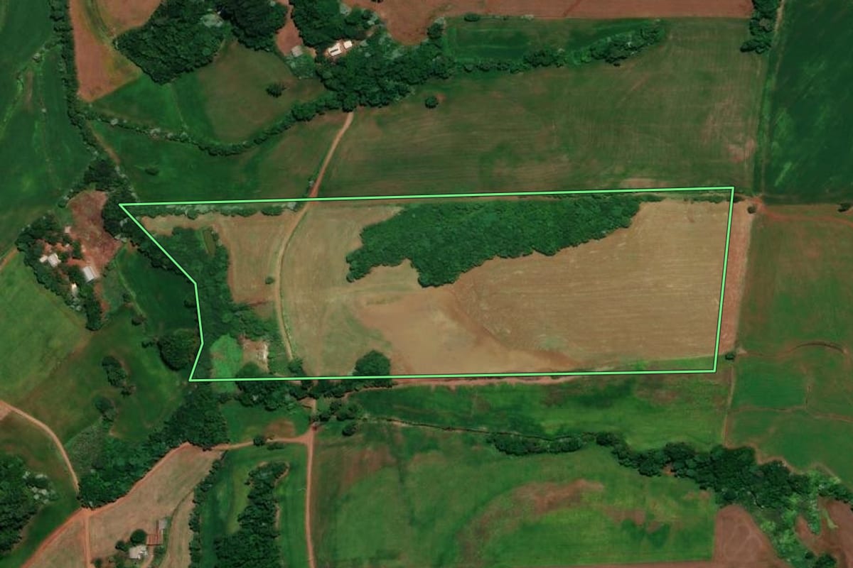 Imagem de satélite do imóvel rural em Três Palmeiras (RS), com o contorno declarado no CAR desenhado por cima.