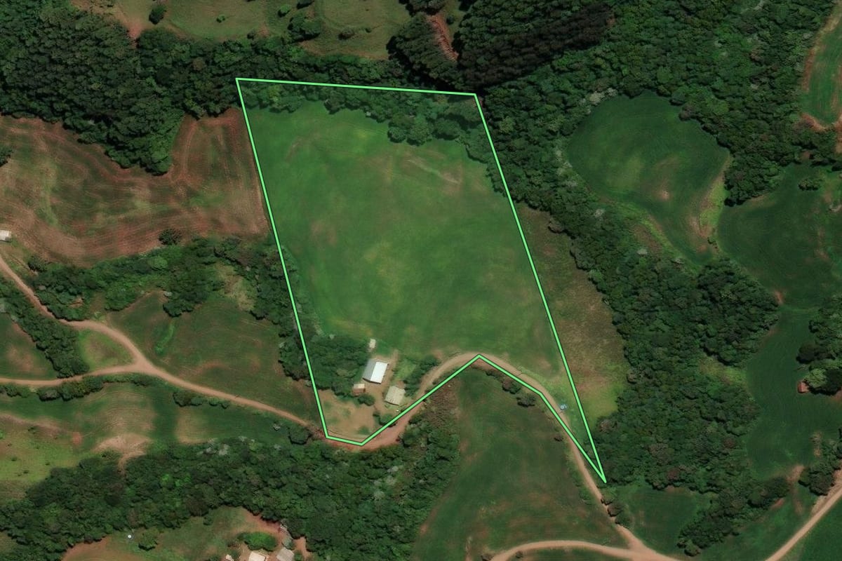 Imagem de satélite do imóvel rural em Três Palmeiras (RS), com o contorno declarado no CAR desenhado por cima.
