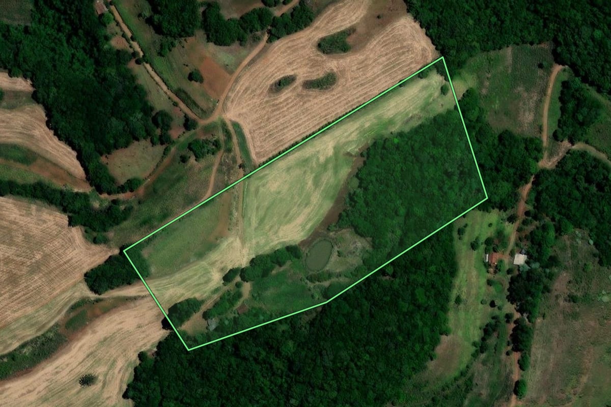 Imagem de satélite do imóvel rural em Três Palmeiras (RS), com o contorno declarado no CAR desenhado por cima.