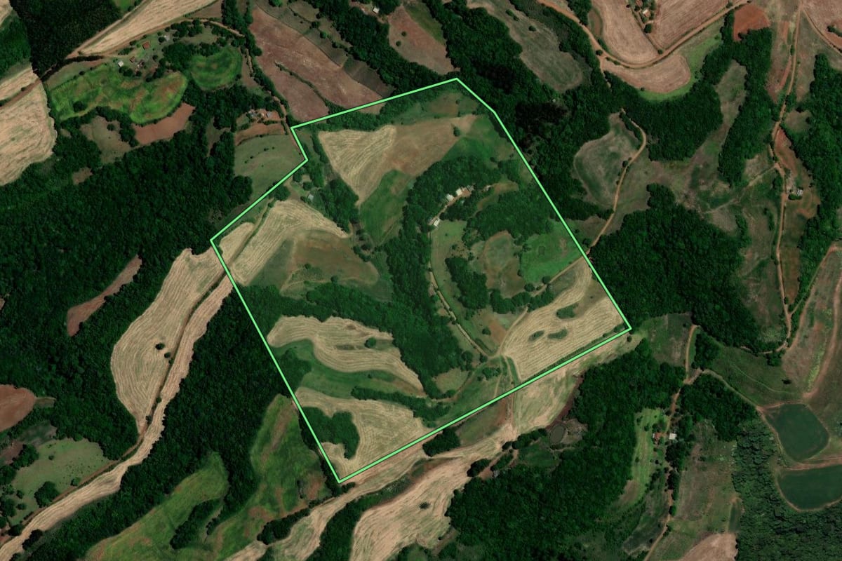 Imagem de satélite do imóvel rural em Três Palmeiras (RS), com o contorno declarado no CAR desenhado por cima.