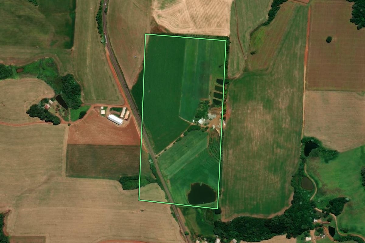 Imagem de satélite do imóvel rural em Três Palmeiras (RS), com o contorno declarado no CAR desenhado por cima.