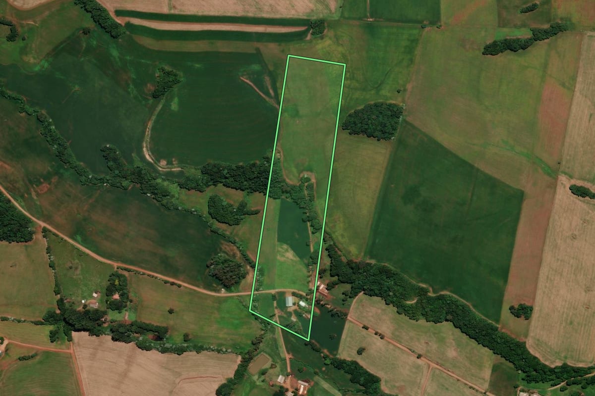 Imagem de satélite do imóvel rural em Três Palmeiras (RS), com o contorno declarado no CAR desenhado por cima.