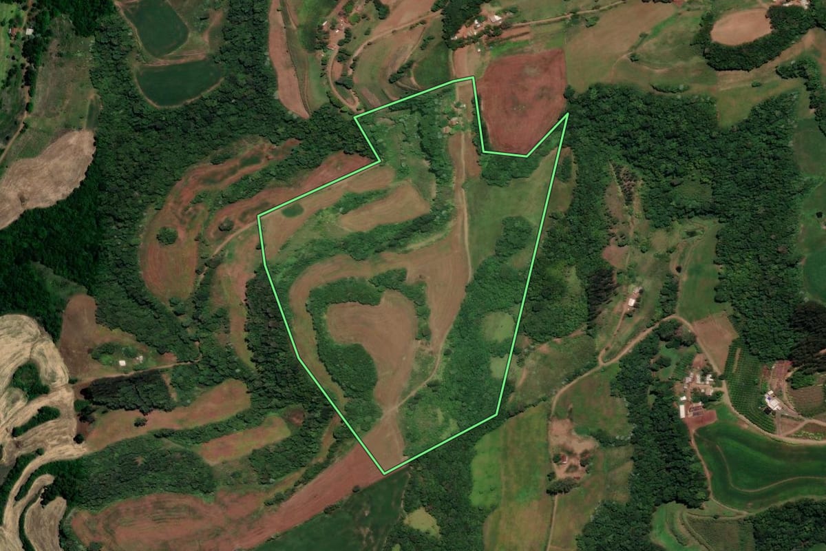 Imagem de satélite do imóvel rural em Três Palmeiras (RS), com o contorno declarado no CAR desenhado por cima.
