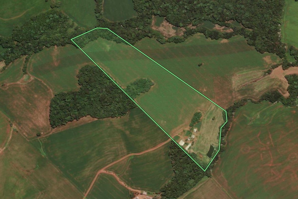 Imagem de satélite do imóvel rural em Três Palmeiras (RS), com o contorno declarado no CAR desenhado por cima.